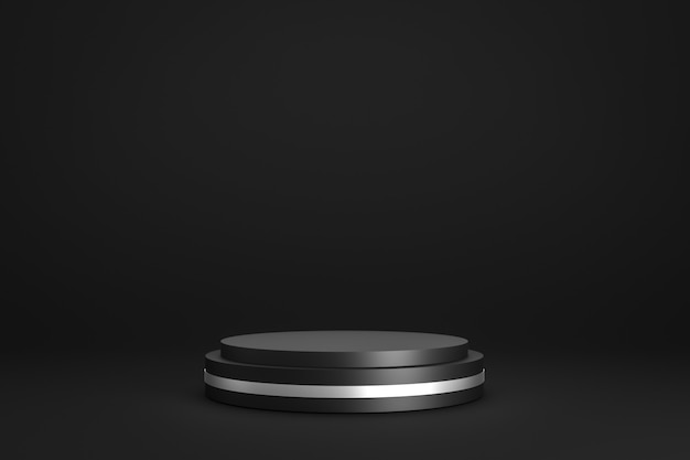 Podio negro o pantalla de pedestal sobre fondo oscuro con soporte de cilindro y concepto de anillo de plata.