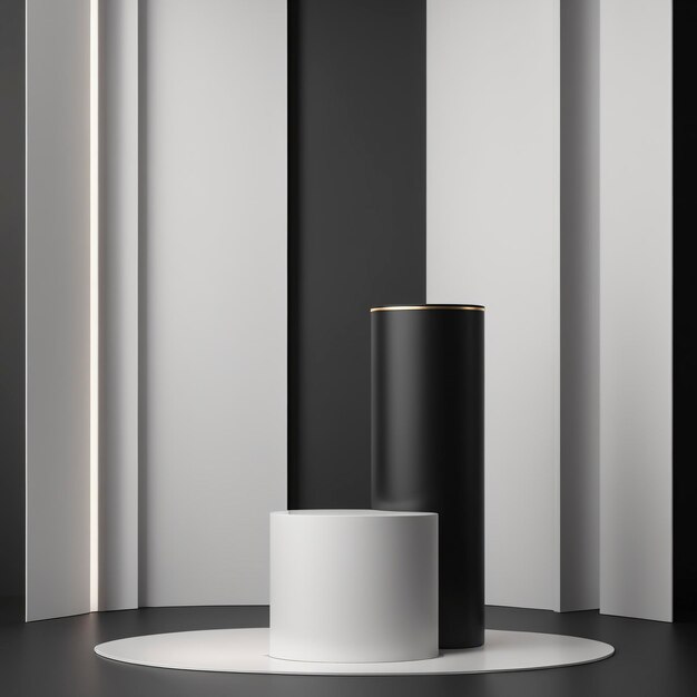 Foto podio negro o pedestal sobre fondo oscuro con concepto de soporte cilíndrico estante de producto en blanco