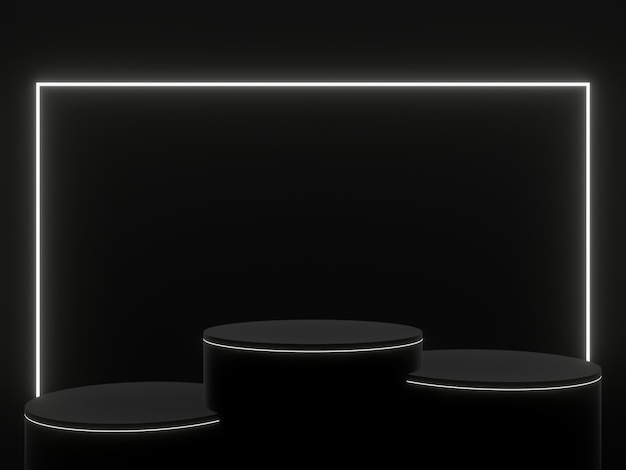 Podio negro renderizado 3D con luces blancas. Soporte de producto.