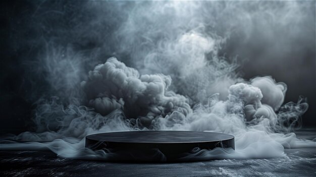 Foto podio negro rodeado de humo sobre un fondo oscuro