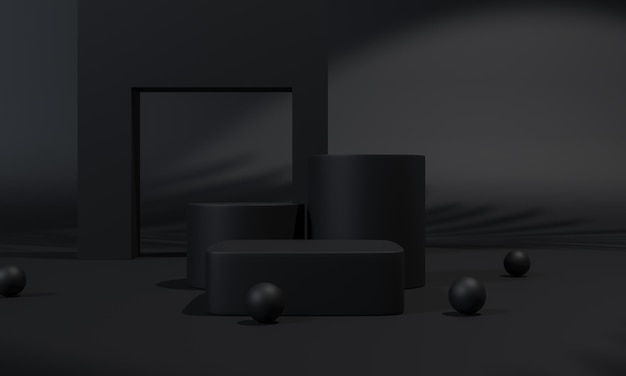 Podio negro y soporte de fondo negro o pedestal de podio en pantalla publicitaria con fondos en blanco renderizado 3D