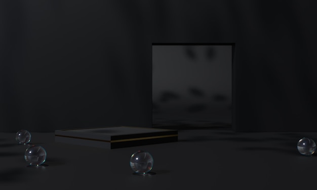 Foto podio negro y soporte de fondo negro o pedestal de podio en pantalla publicitaria con fondos en blanco renderizado 3d