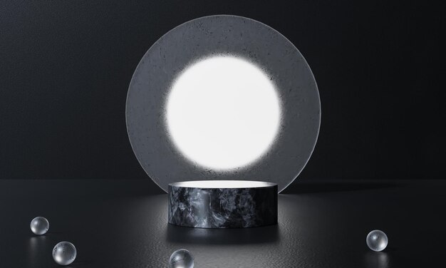 Podio negro y soporte de fondo negro o visualización de publicidad de podio representación 3D de emisión de luz