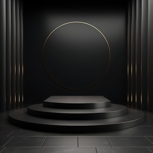 Podio negro vacío en fondo oscuro Renderización en 3D