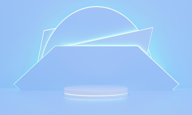 Podio de neón con formas geométricas en renderizado 3D de fondo azul