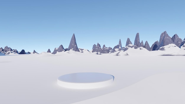 Pódio no fundo de uma bela paisagem de neve. renderização 3D.