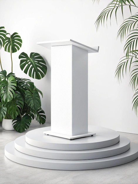 Un podio o pedestal blanco sobre un fondo blanco