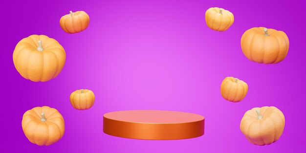 Podio o pedestal con calabazas voladoras para exhibición de productos o publicidad para las vacaciones de otoño sobre fondo púrpura, render 3d