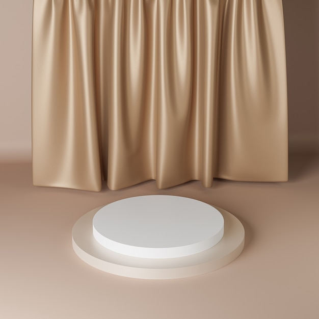 Foto podio o pedestal de cilindro beige para productos o publicidad cerca de cortinas. representación 3d.