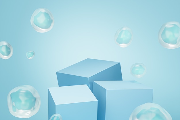 Podio o pedestal para productos o publicidad con burbujas sobre fondo azul pastel, render 3d