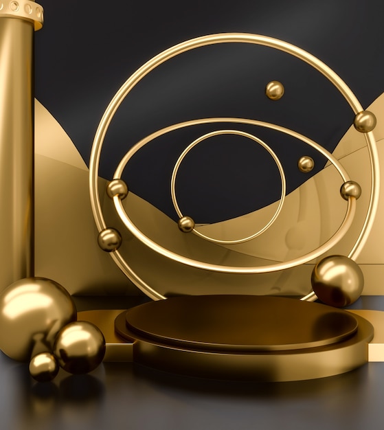 podio de oro con esferas doradas sobre fondo negro y dorado