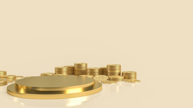El podio de oro y las monedas para la representación 3d de presentación