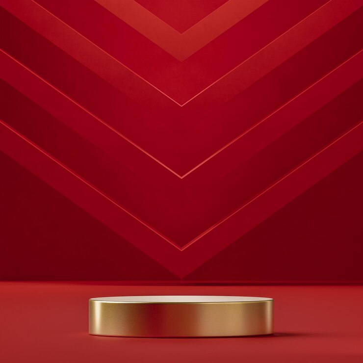Podio de oro rojo sobre fondo arquitectónico moderno para la colocación de productos 3d render