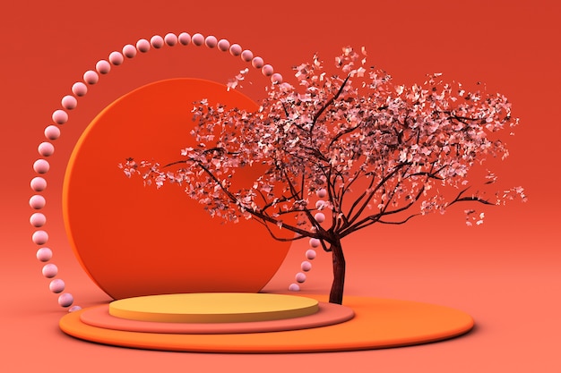 Pódio ou pedestal 3D laranja com árvore para exibição de produtos ou publicidade para férias de outono