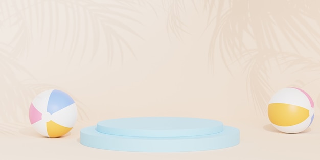 Pódio ou pedestal azul para produtos ou publicidade em fundo bege tropical com bolas de praia, renderização 3D