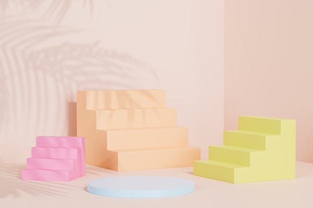 Pódio ou pedestal com escadas para produtos em fundo bege pastel com sombra de folha tropical, ilustração 3D render