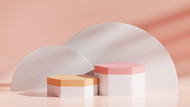 Pódio ou pedestal renderizado em 3d com fundo circular para exibição do produto em cor pastel laranja e rosa