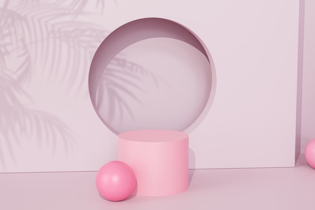 Pódio ou pedestal rosa para produtos ou publicidade em fundo tropical com sombras de folhas de palmeira, renderização 3D