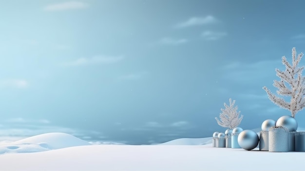 Pódio ou plataforma de madeira na neve em fundo rosa pastel para maquete de produto cosmético com árvores de Natal de cerâmica em estilo escandinavo para férias ou inverno