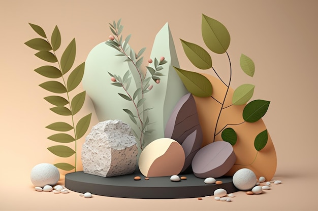 Podio de papel premium con guijarros de piedras naturales y ramas de plantas sobre un fondo pastel