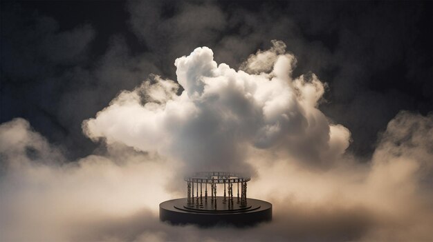 Pódio para pedestal de apresentação de vitrine de produtos de exibição com fumaça e nuvens espalhadas ao seu redor Generative Ai