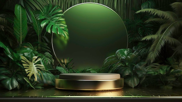 Pódio para venda promoção de produto 3d renderização balck tropical verde e dourado