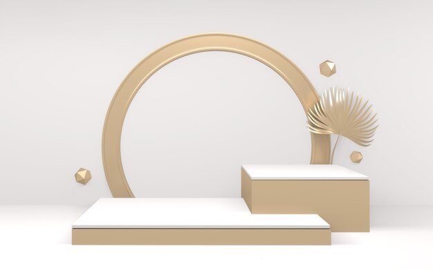 Podio de pedestal 3D con escenario de producto de diseño minimalista de podio blanco y dorado. Representación 3d