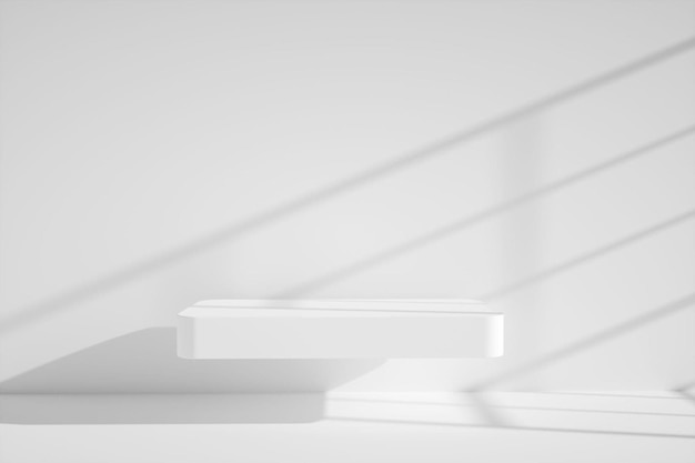 Podio de pedestal blanco de fondo 3D sobre sombras de ventana de fondo blanco natural en la pared