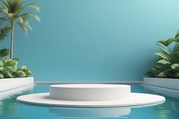 El podio de pedestal blanco mínimo en el fondo de la piscina muestra productos en 3D