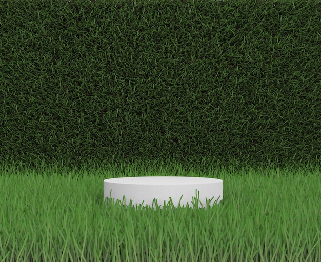 Foto podio de pedestal de cilindro 3d blanco sobre fondo natural de hierba para la representación de exhibición de productos