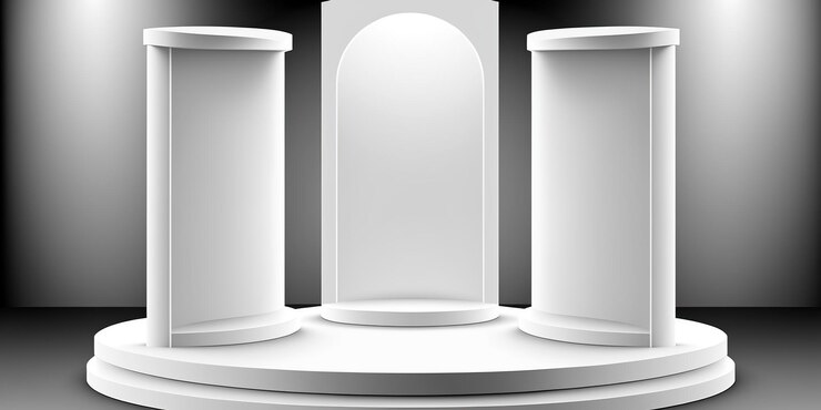 Podio de pedestal de cilindro 3d realista blanco en fondo de semicírculo