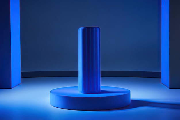 Podio de pedestal de cilindro 3D realista de color azul oscuro con fondo azul