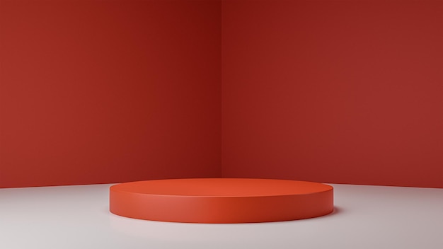 Podio de pedestal de cilindro 3D realista con fondo de sala de esquina rojo suave