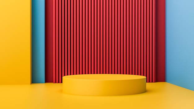 Podio de pedestal de cilindro amarillo y rojo azul abstracto 3D Cosmético de escena de pared mínima de color de moda