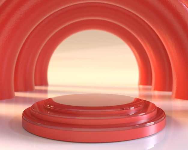 Podio de pedestal de cilindro rojo triple con diseño de columna de círculo rojo sobre fondo blanco para exhibición de escenario de presentación de producto por representación 3d