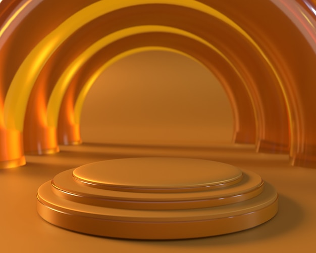 Podio de pedestal de cilindro triple amarillo con diseño de columna de círculo naranja sobre fondo naranja para presentación de producto, exhibición de escenario por representación 3D