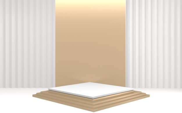 Podio de pedestal con escena de producto de diseño minimalista de podio blanco y dorado. Representación 3d