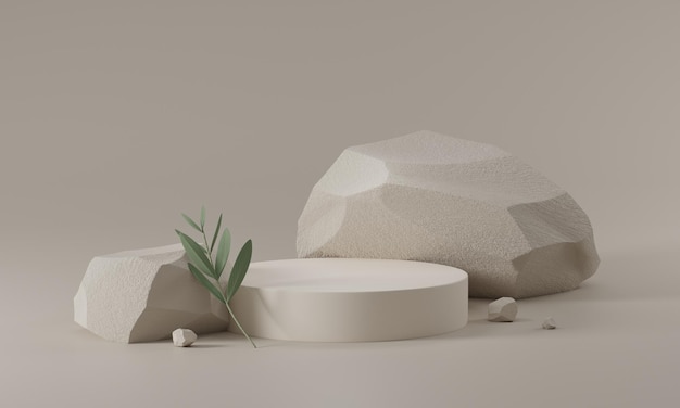 Podio de pedestal de esquina redonda blanca abstracta con piedra y hoja Podio de exhibición de productos en la habitación