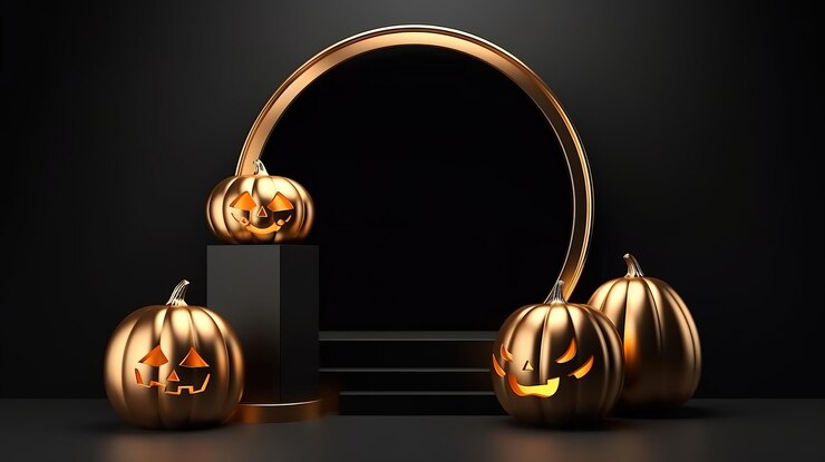 Podio de pedestal de fondo de Halloween 3D en pantalla de calabaza negra con ai generativo dorado