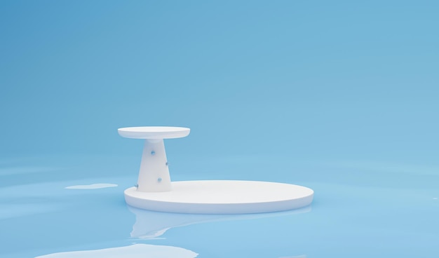 podio de pedestal geométrico azul, blanco y arco en la superficie del agua.3d render