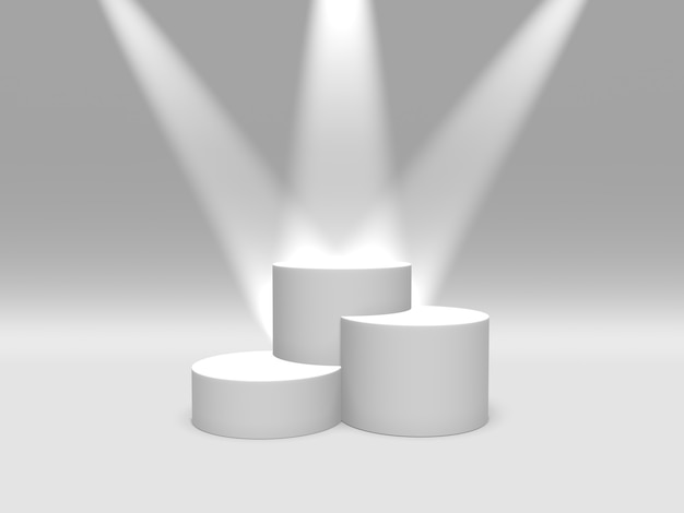 Podio, pedestal o plataforma color blanco iluminado por focos sobre fondo blanco.