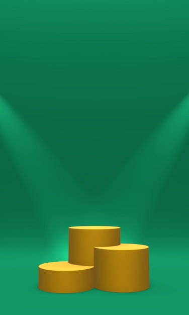 Podio, pedestal o plataforma de color dorado iluminado por focos sobre fondo verde. Ilustración abstracta de formas geométricas simples. Representación 3D