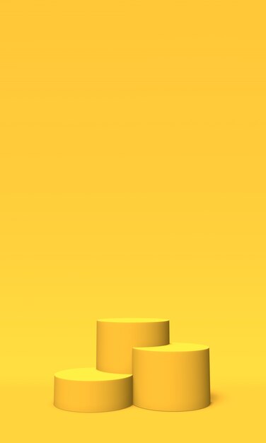 Podio, pedestal o plataforma de color dorado sobre fondo amarillo. Ilustración abstracta de formas geométricas simples. Representación 3D