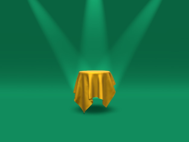 Podio, pedestal o plataforma cubierta con tela dorada iluminada por focos sobre fondo verde. Ilustración abstracta de formas geométricas simples. Representación 3D