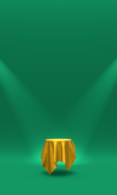 Podio pedestal o plataforma cubierta con tela dorada iluminada por focos sobre fondo verde representación 3D