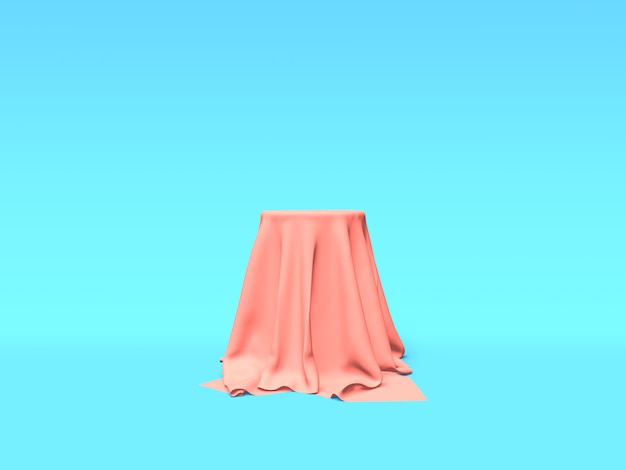 Podio pedestal o plataforma cubierta con tela rosa sobre fondo azul 3D rendering