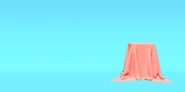 Podio pedestal o plataforma cubierta con tela rosa sobre fondo azul 3D rendering