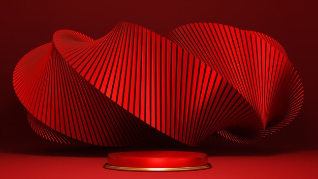 Podio, pedestal o plataforma, fondo para la presentación de productos cosméticos. Lugar para anuncios. Representación 3D de la geometría del escenario rojo con oro. Podio de presentación de producto en blanco.