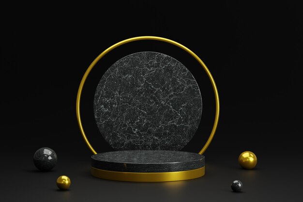 Podio de pedestal de piedra de mármol negro 3d con bolas de oro