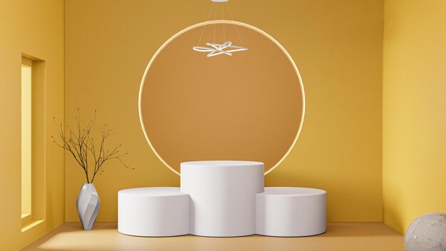 Podio de pedestal redondo blanco abstracto, podio 3D, presentaciones de exhibición de productos. fondo naranja